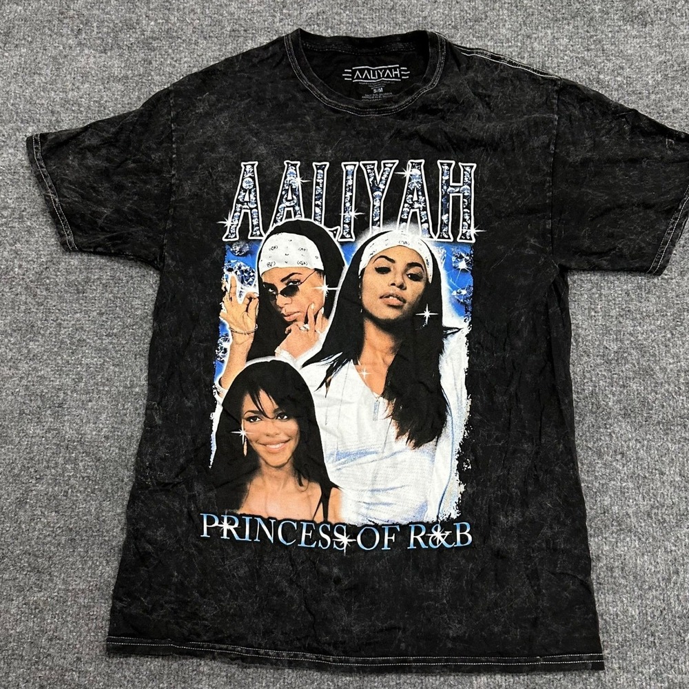 Aaliyah T-Shirt Womens Size S/M Black Mineral Wash Graphic Princess of R&B Tee